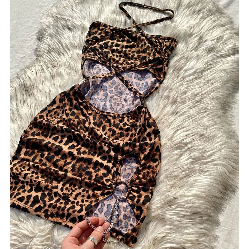 Elegant And Fashionable Women's Sexy Leopard Print Mini Dress Strapless Sleeveless Hollow Bag Hip Sexy Summer Holiday Dress